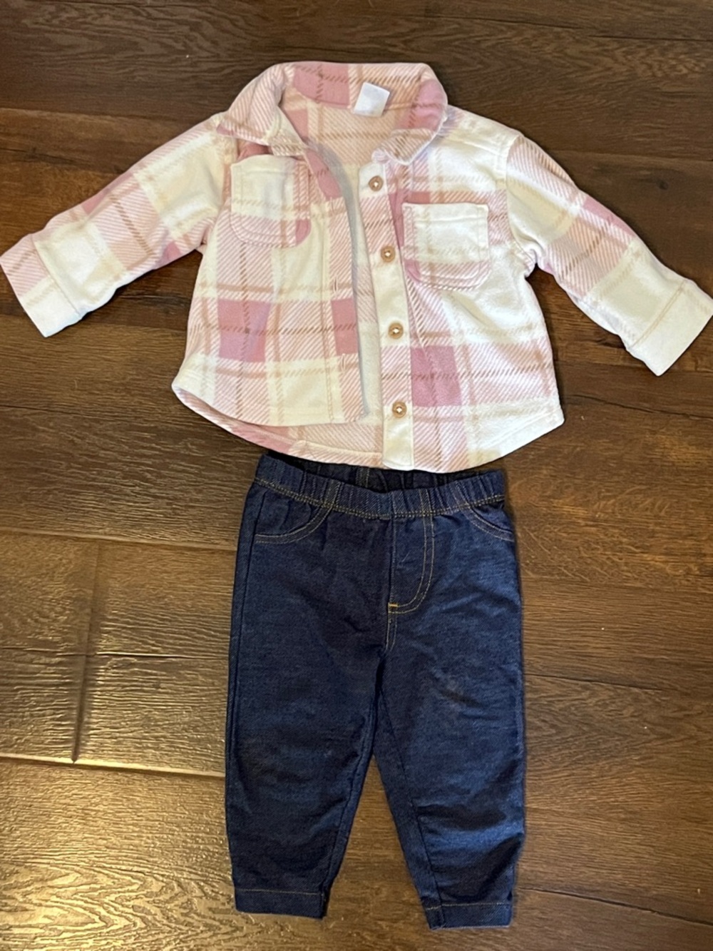 Carter's Pink and White Plaid Fleece Shacket with Navy Jeggings Set